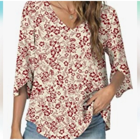 Taohuadao 2X V-Neck Scarlet/Cream Blouse - Picture 1 of 9